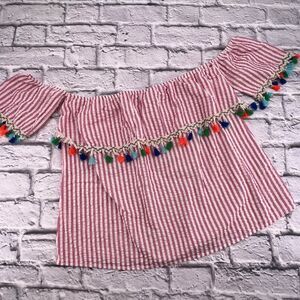 Promesa Blouse Women Large Pink‎ White Striped Seersucker Off Shoulder Tassel